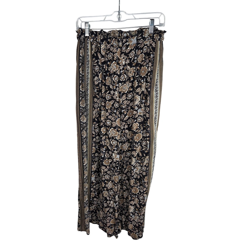 American Eagle Floral Wide Leg Pants Small Black Tan Smocked Boho Festival